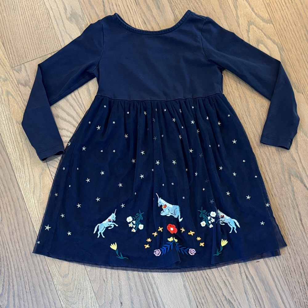 EUC Hanna Andersson Navy Long-Sleeve Unicorn & Star Embroidered Dress, size 5
